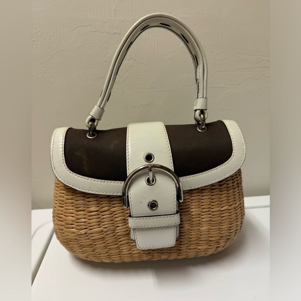 Coach Woven Straw Shoulder Bag with White Trim & Dark Brown Flap